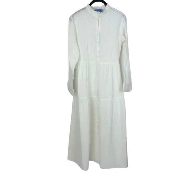 New Alice Walk Band Collar Long Sleeve Linen Tiered White Cottagecore Dress M - Picture 2 of 6